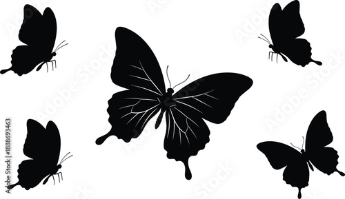 Black butterfly silhouette collection with flying insects elegant wing shapes isolated minimal nature vector illustration for creative decorative design use
