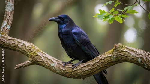 Black Bird Perched on Tree Branch.