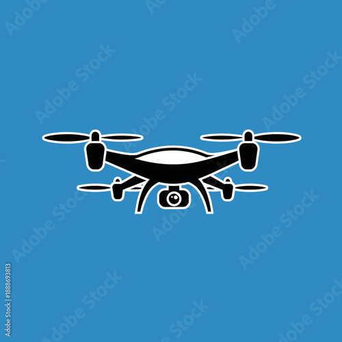 Illustration of a black and white quadcopter drone on a blue background.