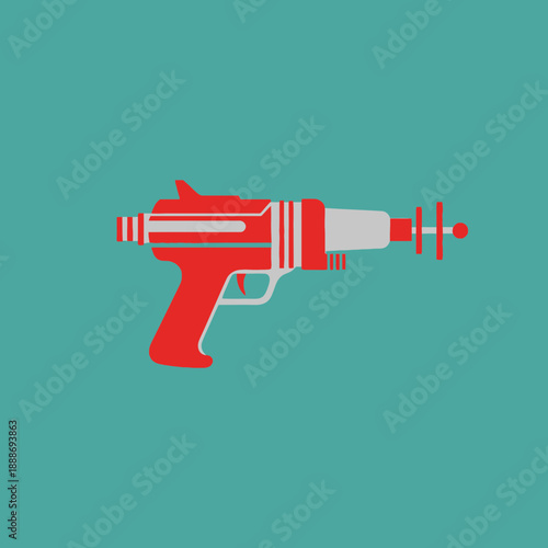 Illustration of a toy laser gun with red and white colors on a teal background.