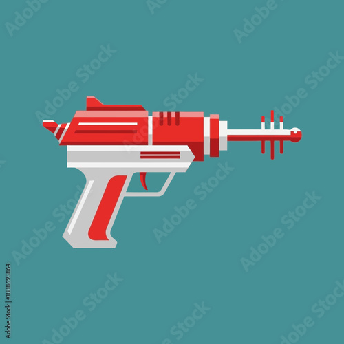 Digital illustration of a futuristic red and white ray gun against a teal background.