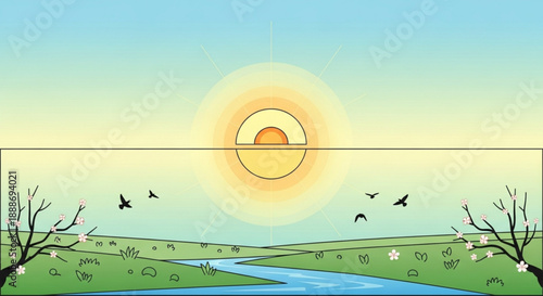 Sunlight filtering through atmosphere solar eclipse serene landscape with stream trees and birds in flight at sunrise