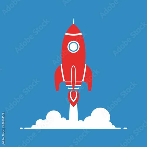 Simplified illustration of a red rocket launching into the sky.