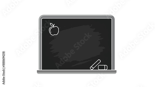 A simple line drawing of a closed laptop with a blank black screen featuring a white apple and pencil icons on a plain white background.
