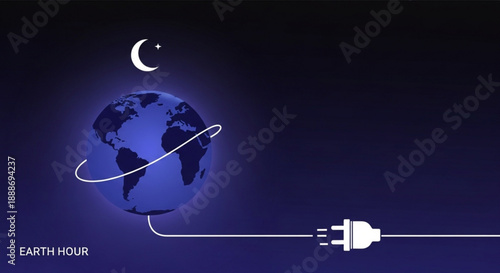 Earth hour concept globe with power plug and moon on dark background