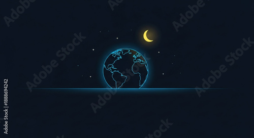 Glowing blue earth from space at night with crescent moon in dark background with stars