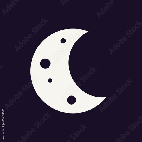 Minimalist illustration of a crescent moon with circular craters on dark background.