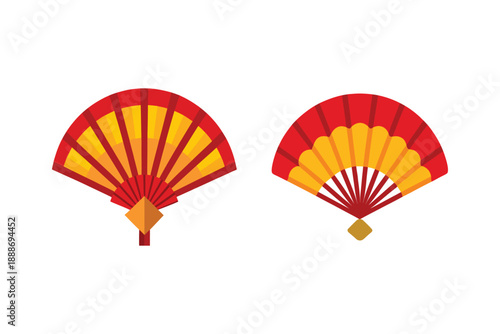 Two Japanese folding fans open red and yellow patterns on white background traditional cultural accessory elegant accessory