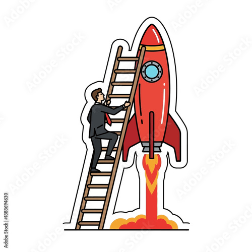 Businessman climbing ladder to launch rocket into success