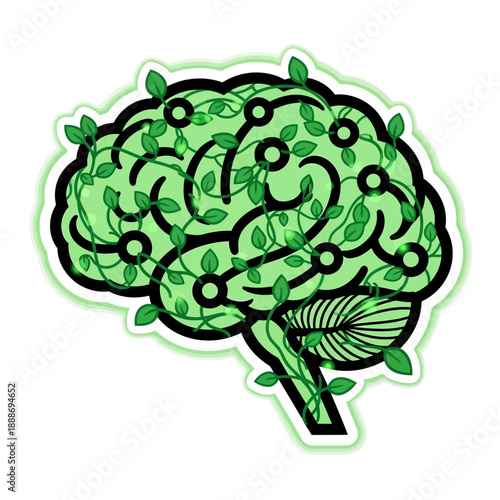 Green brain with leaves and vines symbolizing growth and innovation