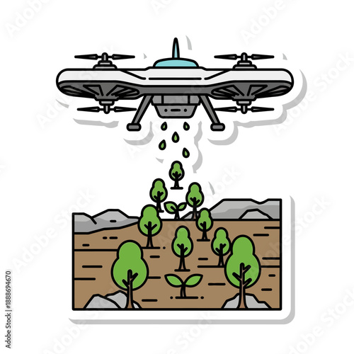 Drone planting trees in field with seeds for reforestation