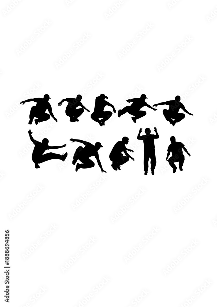 Obraz premium Parkour Traceur Precision Jump Silhouette, Urban Free Running Athlete, Extreme Strength and Agility Street Sport Vector Art