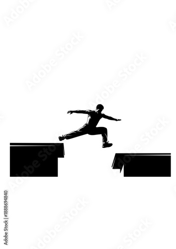 Parkour Traceur Precision Jump Silhouette, Urban Free Running Athlete, Extreme Strength and Agility Street Sport Vector Art
