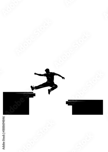 Parkour Traceur Precision Jump Silhouette, Urban Free Running Athlete, Extreme Strength and Agility Street Sport Vector Art