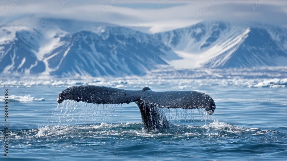 Obraz premium A whale's tail rises above the calm, clear waters, splashing droplets as it breaches near snow-capped mountains in the Arctic. The sunlight illuminates the scene beautifully.
