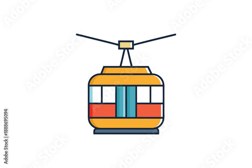 Front view of yellow and red cable car with blue windows, minimalist vector illustration