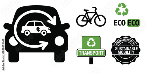 Eco Transportation and Sustainable Mobility Silhouette Icon for Green Cities
