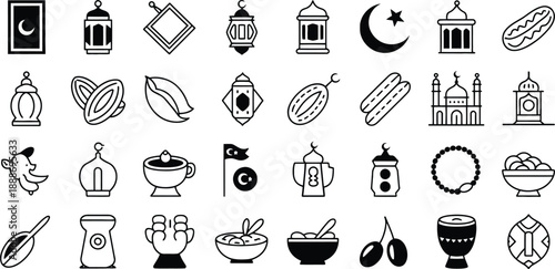 Ramadan kareem icons and symbols for islamic holy month of ramadan