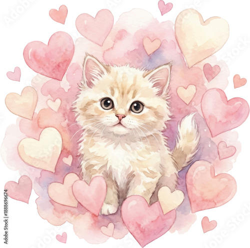 Watercolor Fluffy Kitten Surrounded by Hearts, Gentle Pastel Illustration