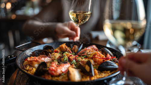 Friends enjoying a delicious seafood paella with white wine glasses at a cozy restaurant