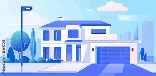 Modern two story house exterior with large windows flat minimalist architecture residential building with garage and driveway in suburban neighborhood vector illustration