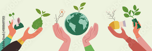 Hands holding growing plants and earth globe with green leaves sprouting environmental sustainability and nature conservation concept flat vector illustration