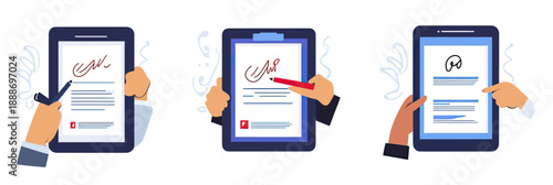 Three digital tablet devices with hands signing electronic documents using stylus and finger gestures in flat vector style for e-signature concept and online contract agreement