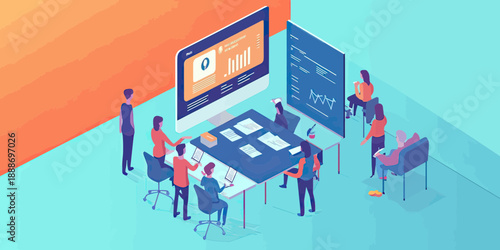 Isometric business team meeting in modern office with data charts on monitor and whiteboard for project presentation and collaboration concept