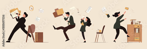 Four business people multitasking with files, phone, documents, and office furniture in dynamic workflow and time management concept flat vector illustration