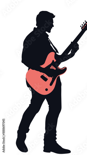 Silhouette of male electric guitar player musician standing and performing with red guitar isolated on white background vector illustration minimalist style