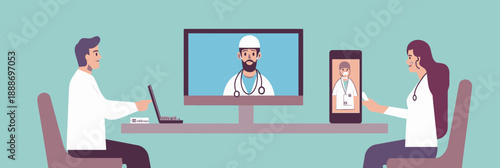 Online telemedicine consultation with doctors using computer and smartphone in modern virtual healthcare technology flat illustration