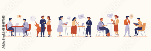 Business people discussing ideas and working at office desks with digital speech bubbles in flat minimalist vector illustration design style