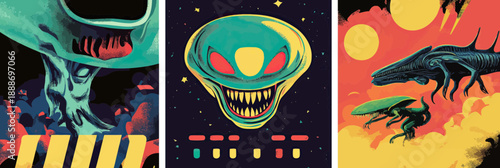 Abstract colorful minimalist alien faces and extraterrestrial creatures in sci fi inspired vector poster triptych with cosmic background and bright geometric shapes