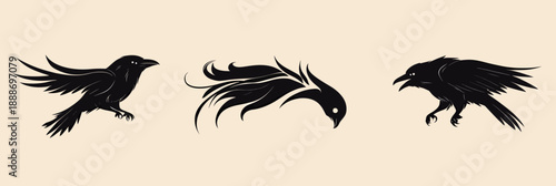 Silhouette of three different raven poses black bird vector illustration flat minimalist style tattoo design artwork animal wings flying perched beak feathers