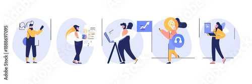 Diverse professionals collaborating on charts data analysis development using laptop easel and infographic in flat minimalist vector style