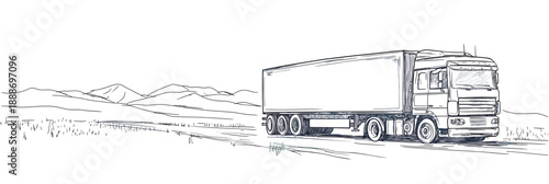 Minimalist monochrome continuous line art of large semi truck with cargo trailer driving on open rural road with distant mountains under clear sky vector illustration