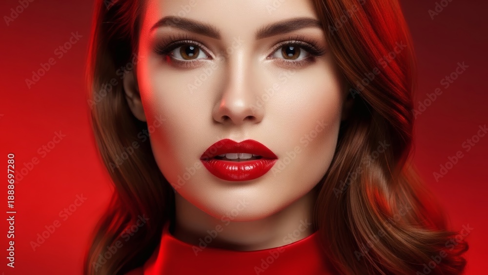 Fototapeta premium Beautiful Woman with Red Lips Portrait.