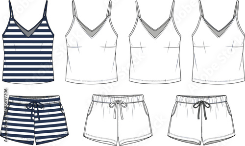 Fashion illustration of women’s striped tank top and shorts set with spaghetti straps and drawstring waistband in multiple views.