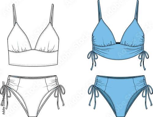 Fashion illustration of women’s triangle bikini with drawstring ties in colored and technical views.
