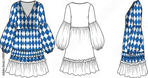 Fashion illustration of tiered dress with diamond pattern, puff sleeves, and ruffle hem in front, back, and side views.