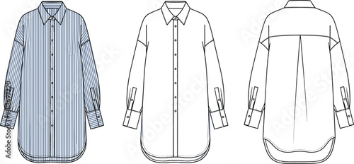 Front and back technical fashion sketch of striped button-down shirt with collar, cuffs, pleat, and curved hem detailing