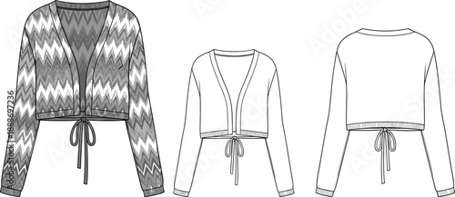 Front and back technical sketch of cropped cardigan with zigzag pattern, drawstring waist, ribbed cuffs, and V-neckline