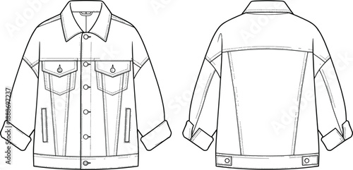 Front and back technical sketch of denim jacket with collar, chest pockets, button placket, yoke, and adjustable waistband tabs