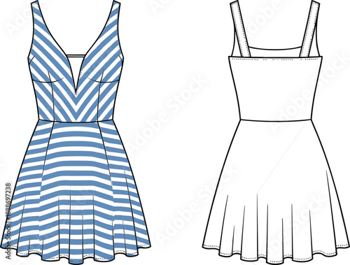 Front and back technical sketch of sleeveless striped dress with V-neckline, flared skirt, princess seams, and panel construction