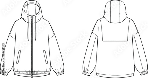 Front and back technical sketch of hooded jacket with zipper, drawstring hood, elastic cuffs, zip pockets, and yoke detail