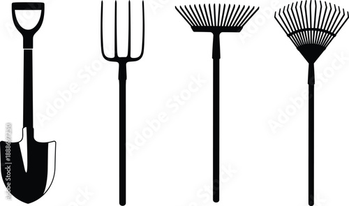 Silhouette illustration of four gardening tools including shovel, pitchfork, garden rake, and leaf rake.