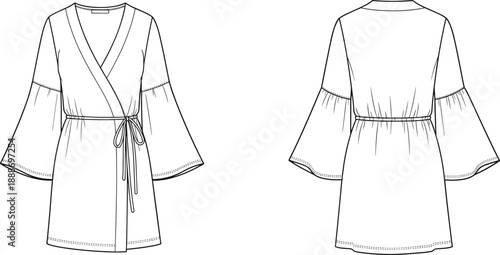 Front and back technical sketch of wrap dress with V-neckline, tie waist, flared sleeves, gathered back, and above-knee hem