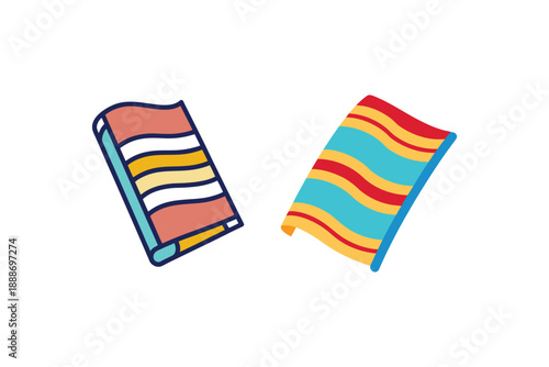 Two folded beach towels with wavy patterns, one pink and yellow, one blue and red, on a white background