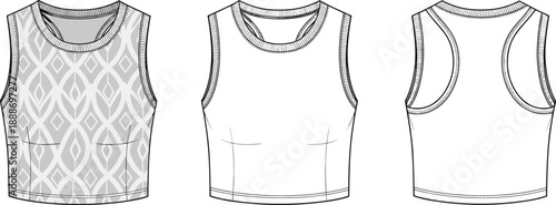 Sleeveless crop top technical fashion sketch with front, back, and patterned views showing racerback, seam lines, and garment construction details
