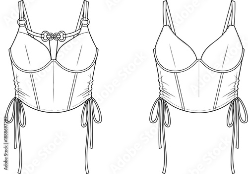 Technical fashion illustration of bustier tops with structured cups, drawstring ruching, and optional chain detail in front views.